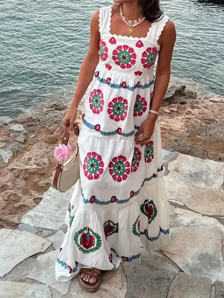 Womens Vintage Printed Ruffles Strap Maxi Dress Elegant Square Neck Backless Sleeveless Dresses 2024 Female Chic Vacation Robes 240723