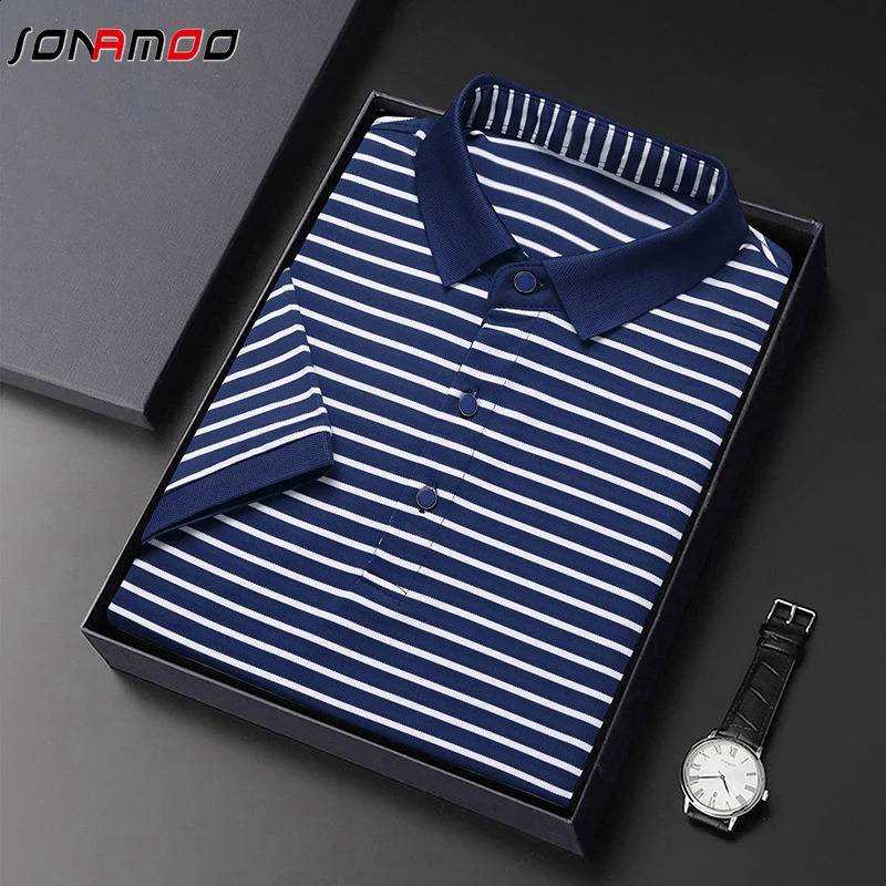 2024 mens striped cotton business casual short sleeved polo shirt fashionable comfortable breathable top 240723