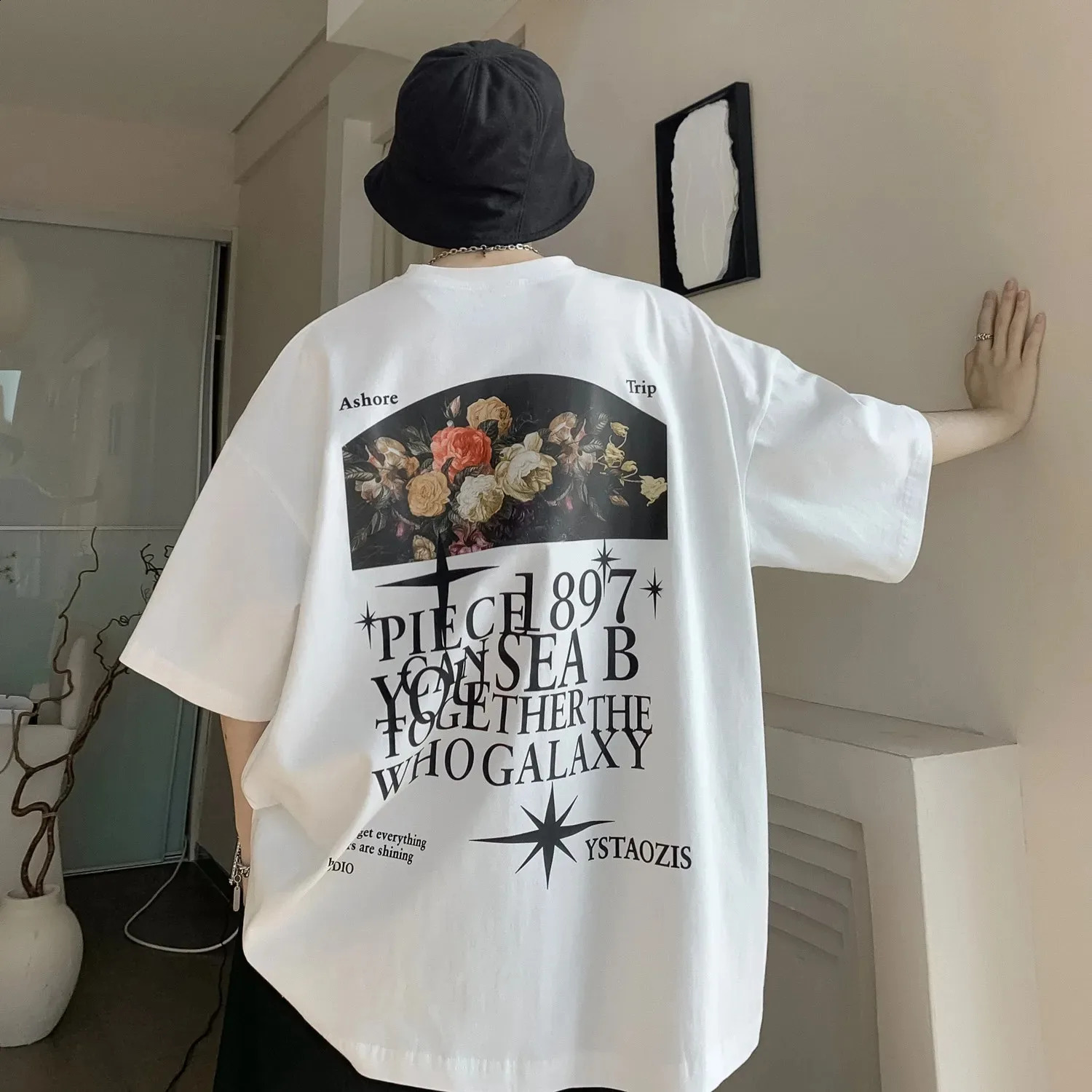 Men T Shirt Floral Print Anime Gothic Oversized T Shirts Short Sleeve Tees Y2k Punk Vintage Streetwear Summer Harajuku Tops 240723