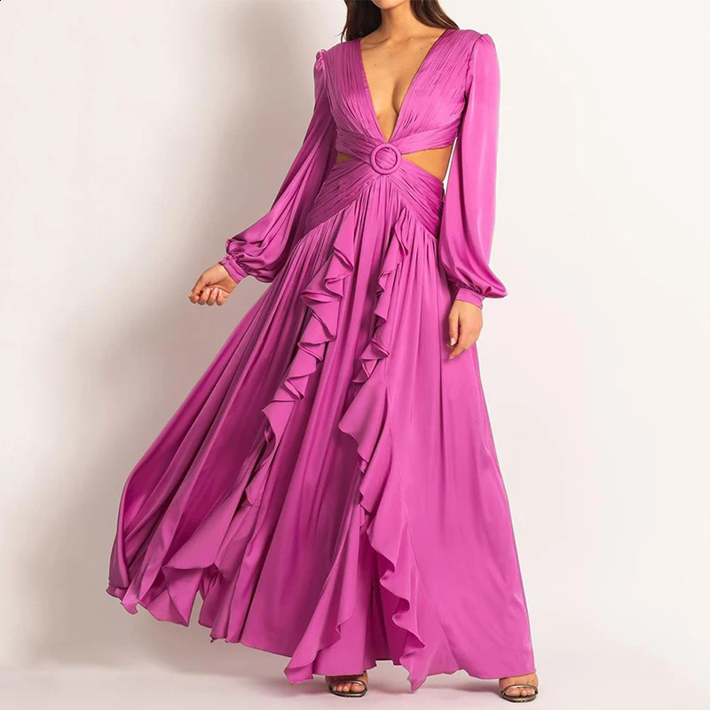 Ellafads Femmes Maxi Robe élégante haute taille en V Lanterne à col lanterne creux de couleur unie plissée