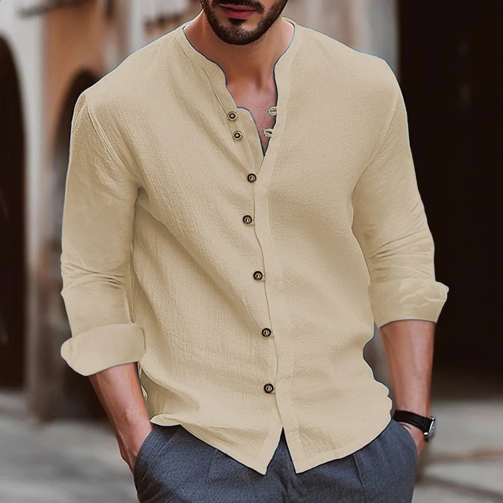 Autumn/Winter mens retro cotton and linen casual loose long-sleeved shirt 240724