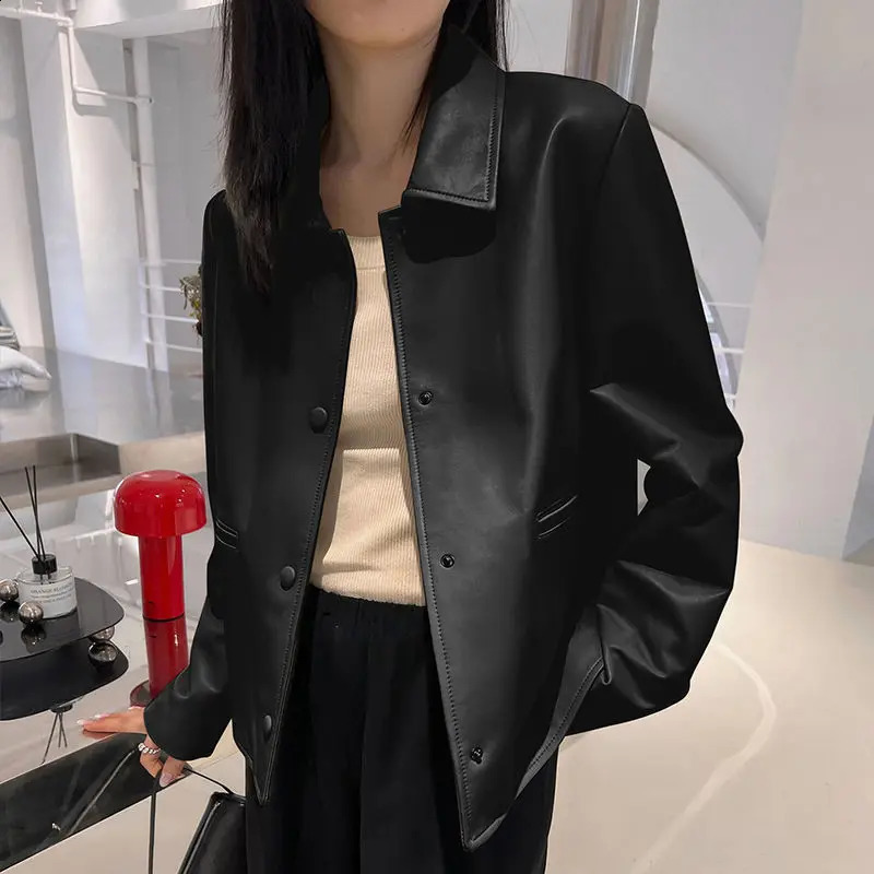 Spring Autumn Korean Chic Pu Biker Leather Jacket Women Streetwear Bomber Jacket Lapel Single-breasted Loose Jacket Outerwear 240723