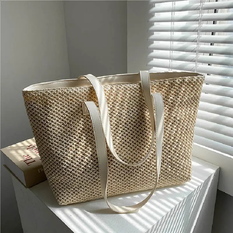Summer Beach Straw Bag Womens Large Capacity Shopping Bag Womens Handbag Solid Color Shoulder Makeup Bag Casual Womens Wallet Handbag 240907