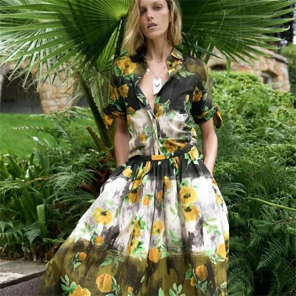 2024 Womens Fashion Printed Shirt Folded Skirt Set 240724