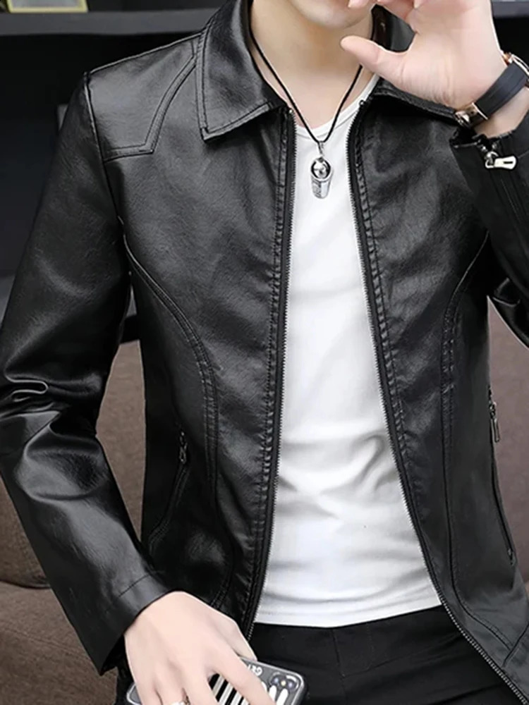 Mens Autumn And Winter Padded Thickened Cold Fashion Versatile P Leather Jacket Business Casual Solid Color Lapel Zipper Coat 240725