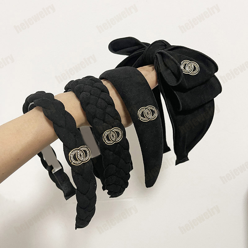 Luxury black designer headband letter bow hair band for ladies fashion jewelry hair accessories solid color wide diamond womens headbands leather-image-916787895