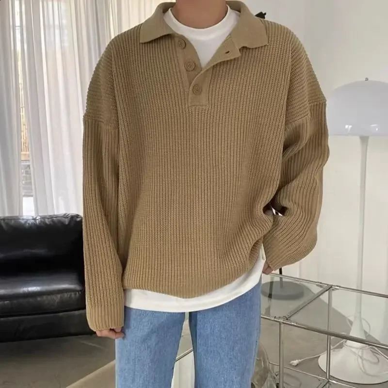 Polo coréen Polo Pulo Pull Men de manche chaud Filory décontracté pull-tricot Harajuku casserole lâche décontractée Pull à manches longues 240725