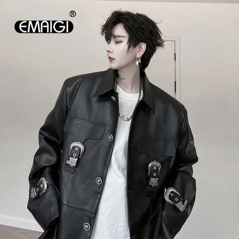 Mens Shoulder Pads Metal Buckle Streetwear Fashion Loose Casual Leather Motorcycle Jacket Male Japan Korean Punk Coat Outerwear 240725