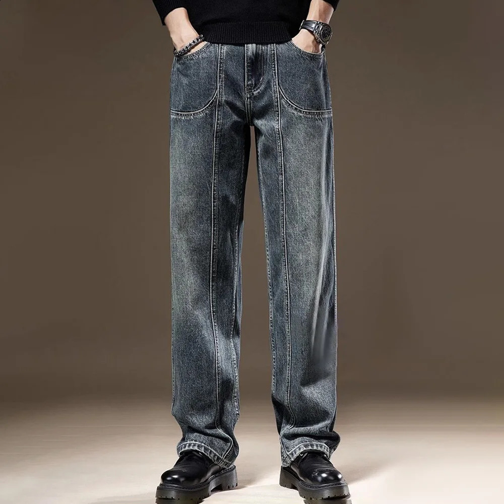 High Quality American Retro Washed Nostalgic Patchwork Jeans Men Autumn Loose Straight Wide-Leg Handsome Casual Trouser 240725