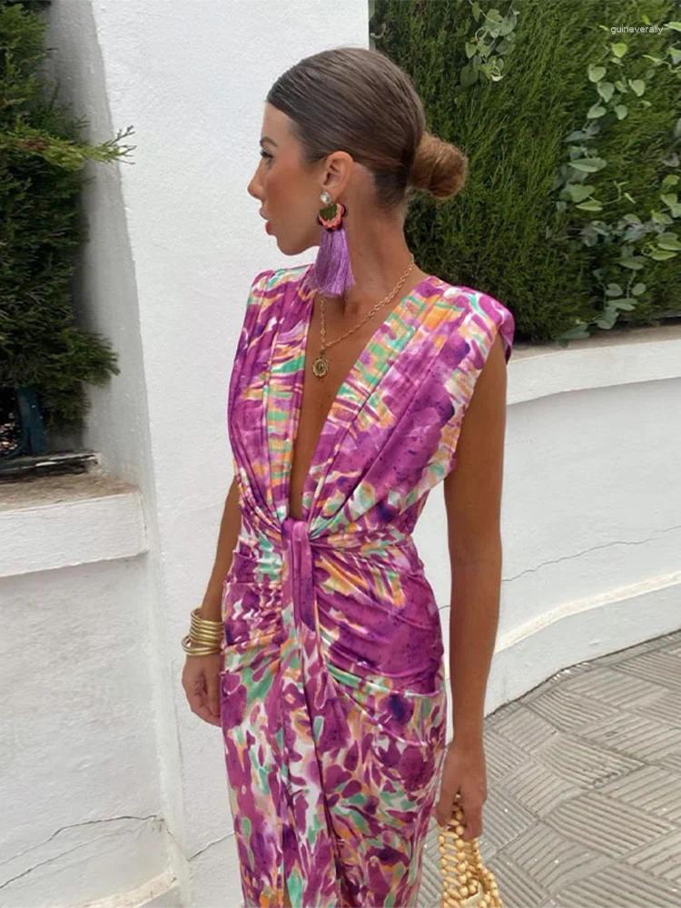 Robes décontractées Femmes Joue avant imprimé V-Neck Split Dress