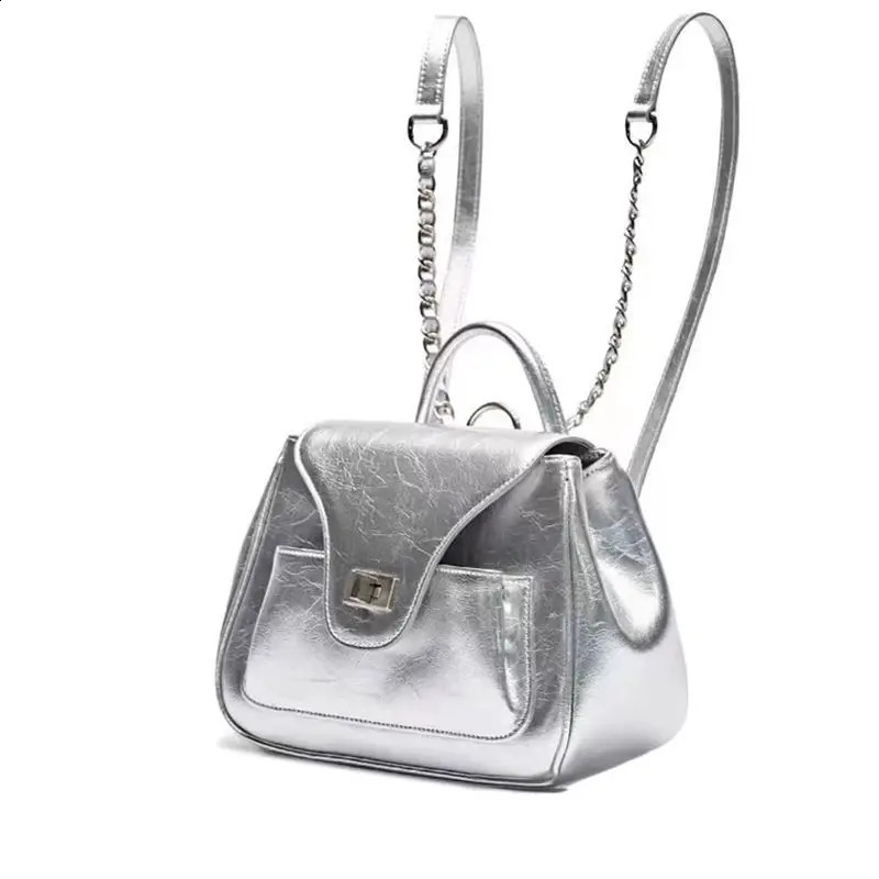 Fashion Trendy Silver Backpacks for Women Simple Solid PU School Bag All Match Casual Hand Bag 240725