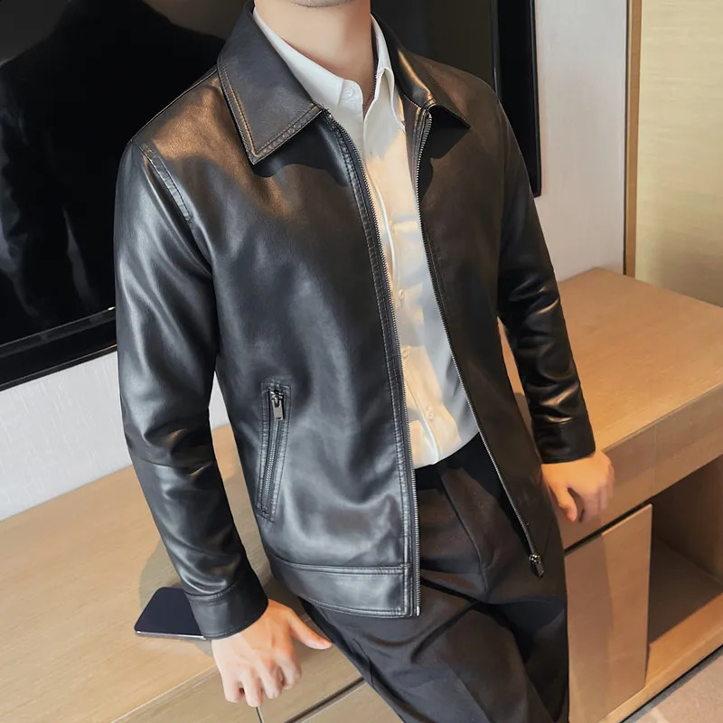 clothing Mens Fashion Leather Jacket Slim Fit Stand Collar PU Jacket Male Anti-wind Motorcycle Zipper Jackets Men 4XL-M 240725