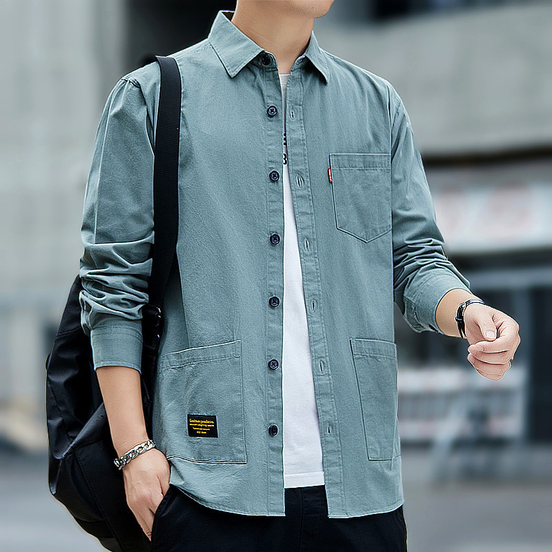 Pure cotton washed long-sleeved work shirt mens jacket spring and autumn casual shirt mens clothing-image-945036981