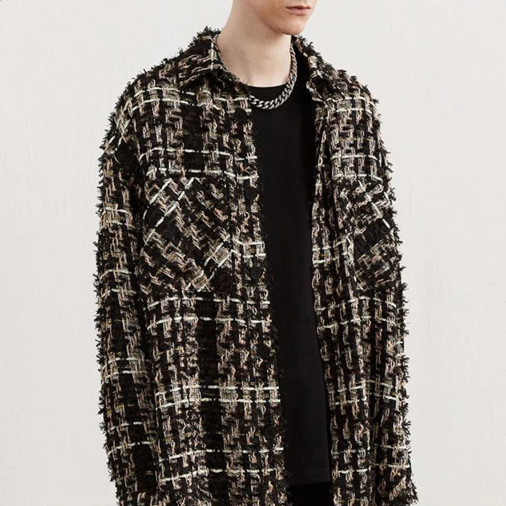 Mens Autumn Gold Thread Tweed Braided French Coat Genderless Tassel Retro Casual Loose Fashion Trend Jacket Unisex 240724