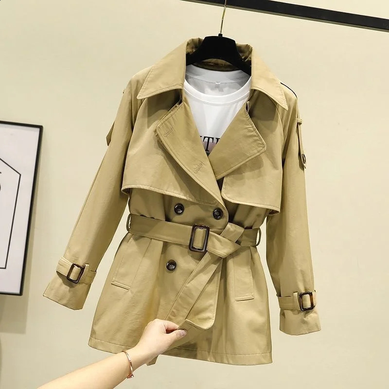 Womens Trench Coat Spring Autumn Bouble-breasted Short Windbreaker British Style Belt Loose All-match Outwear 4XL H98 240725