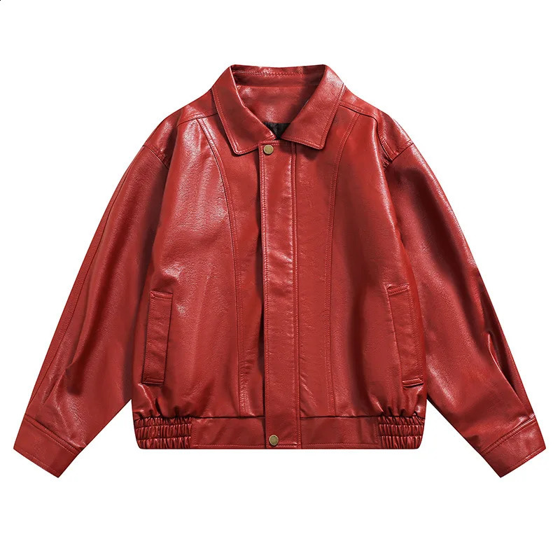 American Retro PU Leather Red Mens Jacket Lapel Collar Casual Loose Fitting Fashion Leather Jackets Couple Street Harajuku Coat 240725