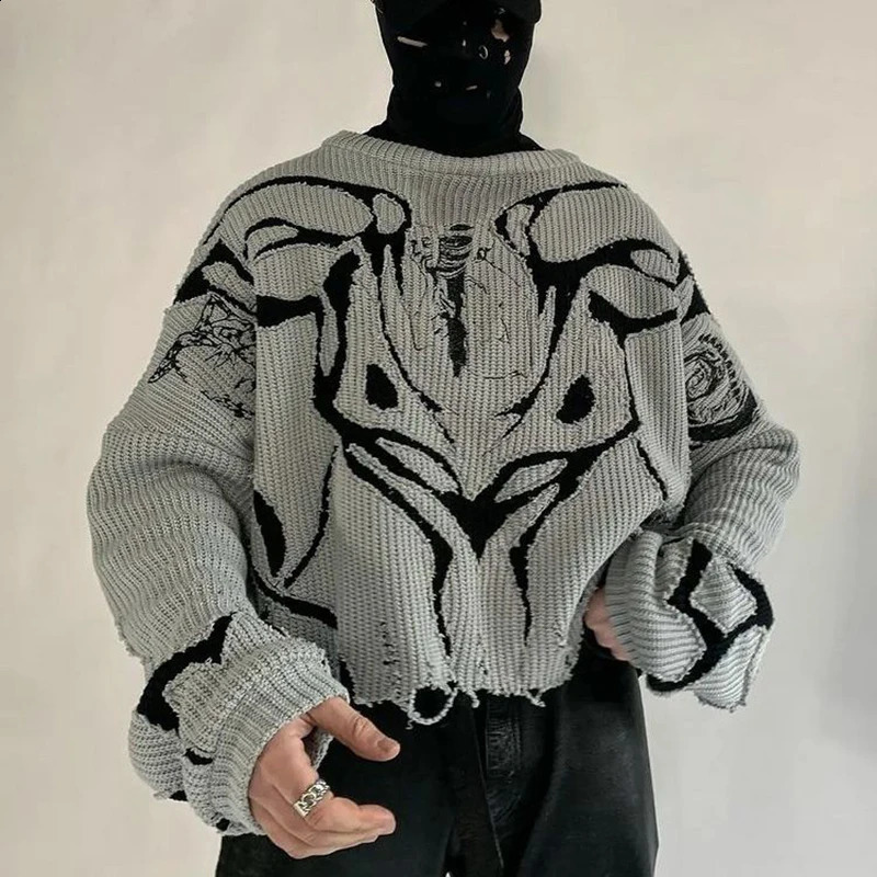 Ecological village Black White Pullovers Y2k Clothes Sweaters Destroyed Ripped Womens sweater Harajuku Hole Sweater 240725
