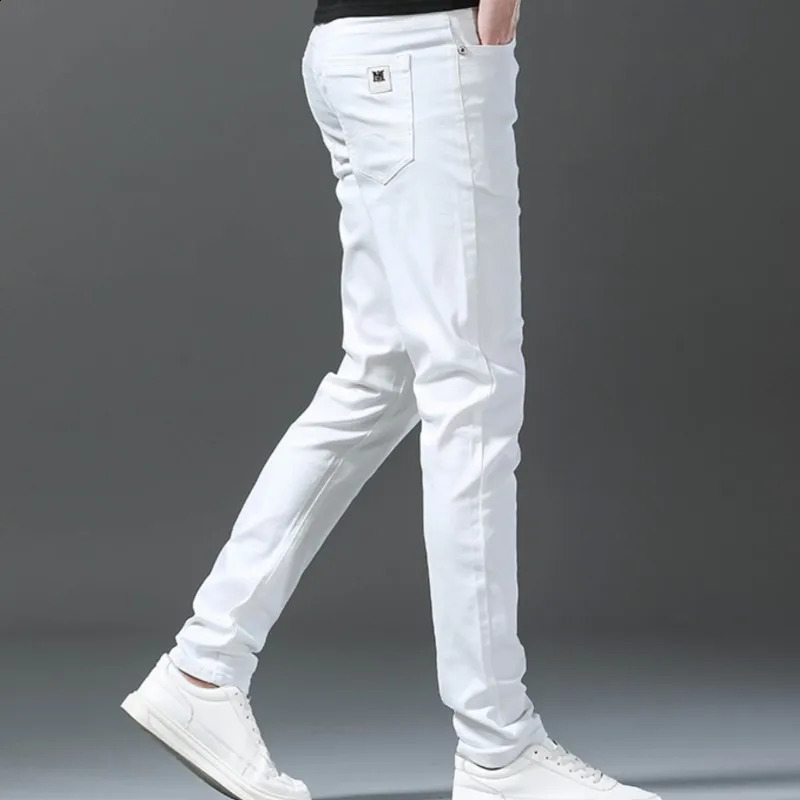 Denim Jeans For Mens Stretch Slim White Younth Casual Fashion Denim Regular Cotton Trousers Four Seasons Dropship Male Pants 240725