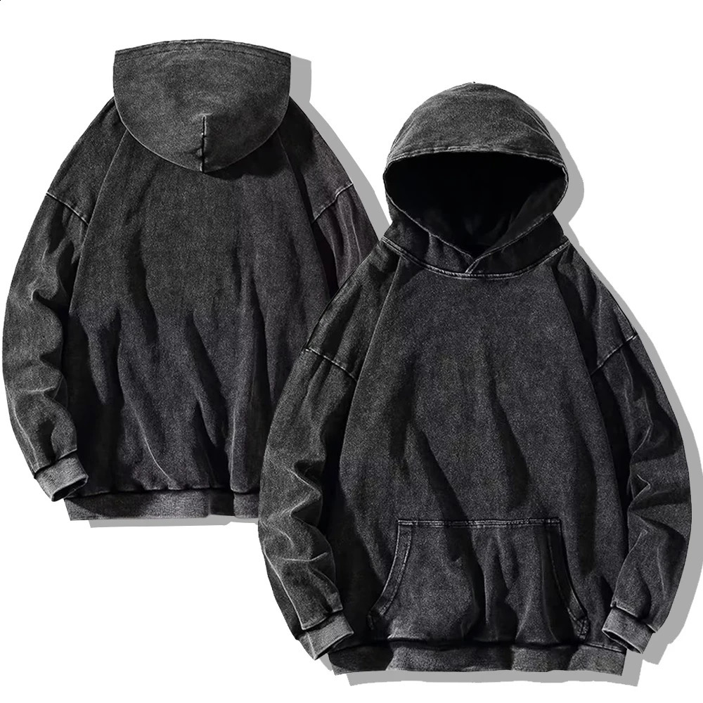 Mens Vintage Washed Hoodies Cotton Loose Casual Pullover Streetwear Long Sleeve Sweatshirts Male Solid Color Retro Hooded Coats 240725