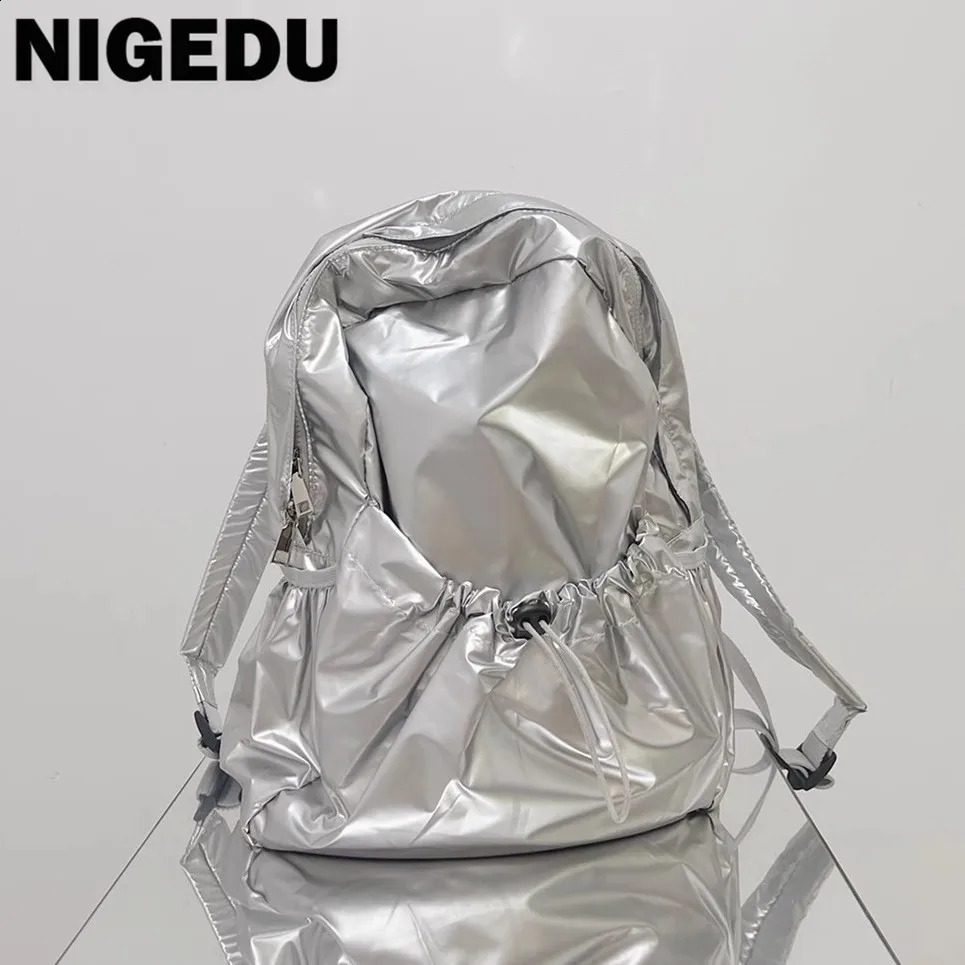 Fashion Silver Drawsting Women Backpack Soft pu leather Lady Backpack Light Students Bag Large Capacity Travel Sac Daypack bagpa 240725