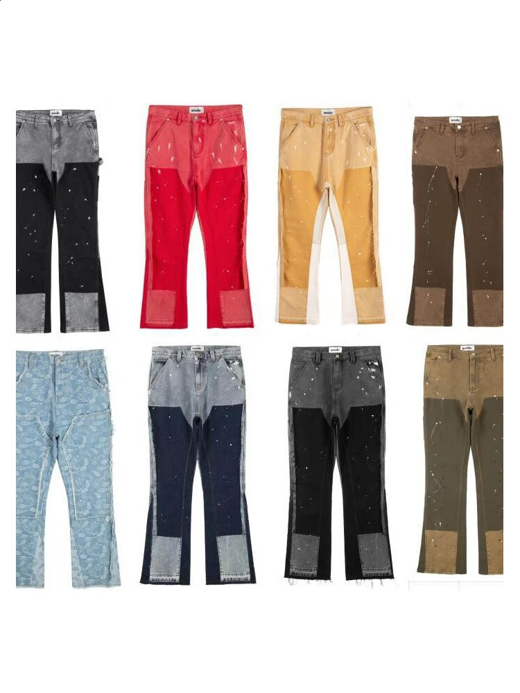 Retro Hip-Hop Patch éclaboussant encre le jambe large jeans pour hommes 2024 graffiti pantalon de paillettes noires y2k sac lavage jeans240802