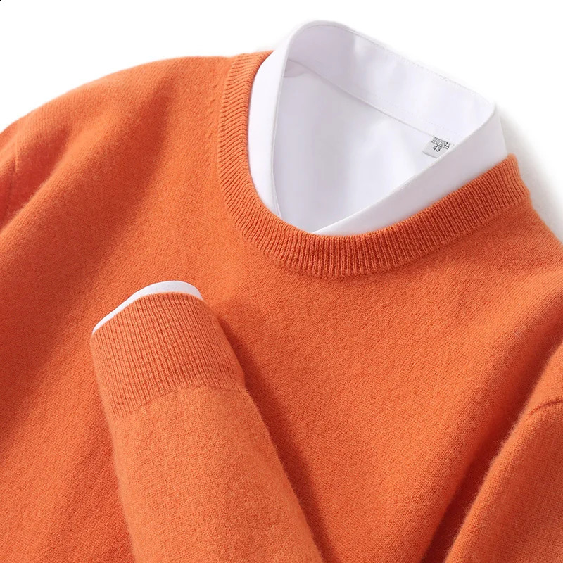 Mens solid color classic O-neck sweater autumn and winter 100% Merino wool knitted pullover long sleeve warm loose top 240725