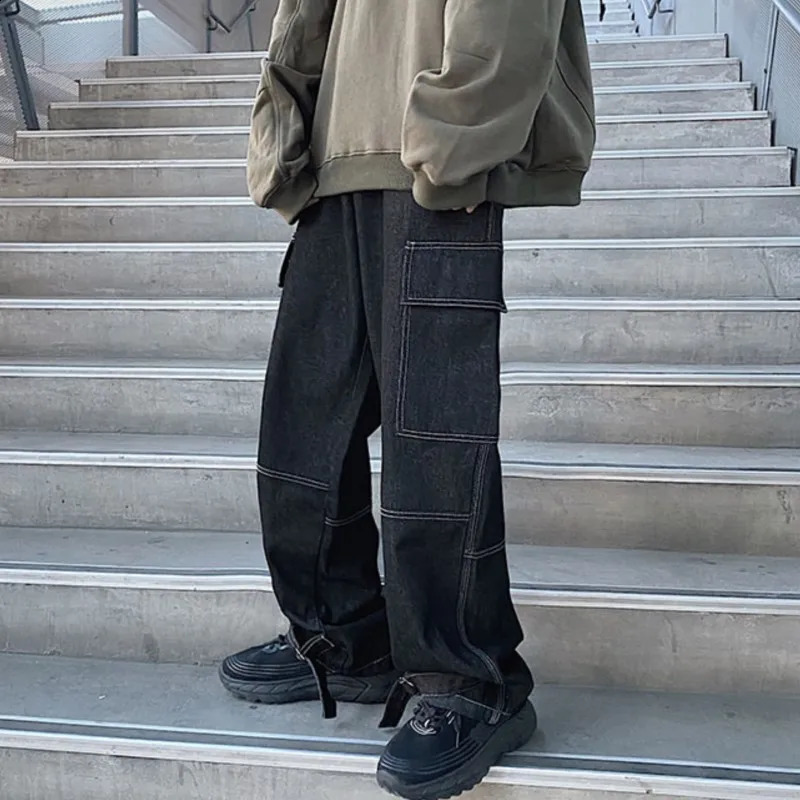 Jeans de cargaison d'automne hommes pantalons denim de jambe large jeans lâches jeans street mens streetwear hop streetwear neutre en denim panta