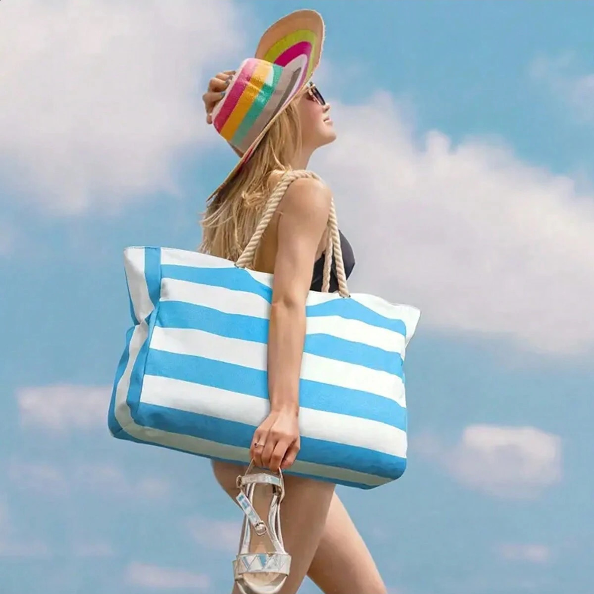 Striped Canvas Summer Beach Bag Large Capacity Shopping Bag Fashion Tote Bag For TravelIdeal for Beach Travel Camping 240725