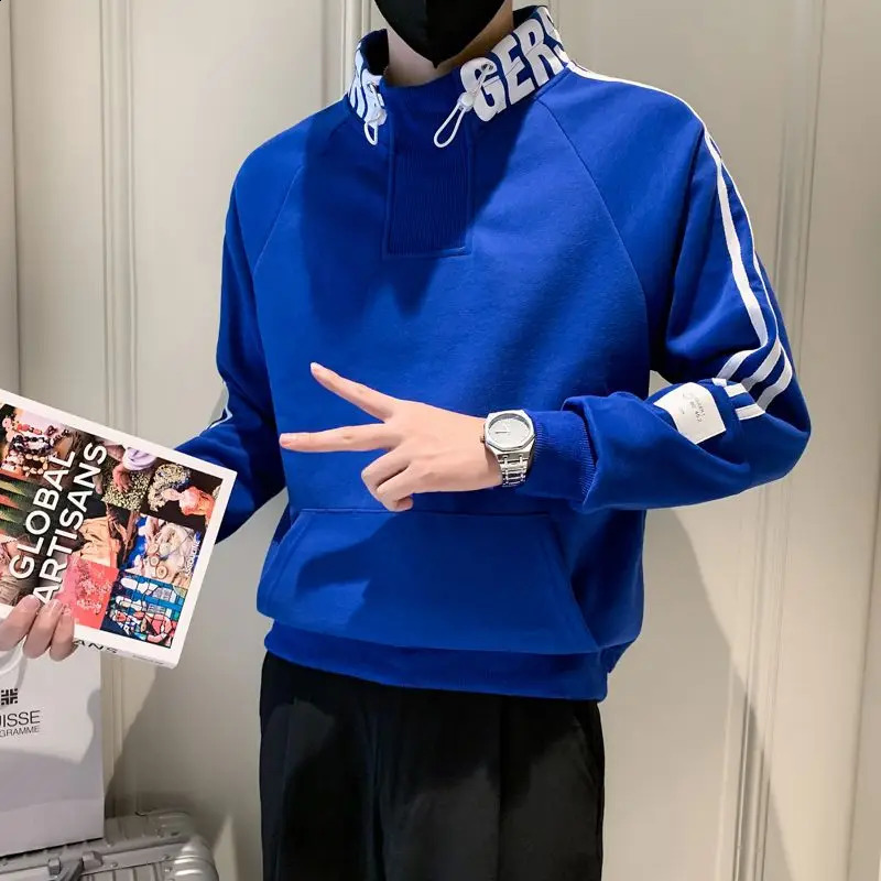 Trendy Korean Autumn Mens Half High Collar Long Sleeve Printed T-shirt Winter Fashion Simple Loose Casual Versatile Top 240725
