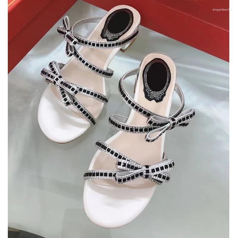Slippers Brand Designer Mules Summer Slides Crystal Design Women High Heels Bow Tie Shoes Beach Ho