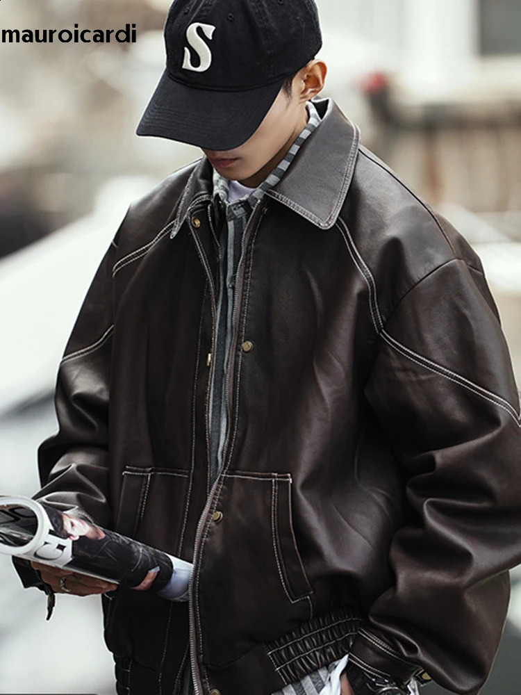 Mauroicardi Spring Autumn Cool Handsome Oversized Black Pu Leather Jacket Men Zipper Long Sleeve Clothes 240725