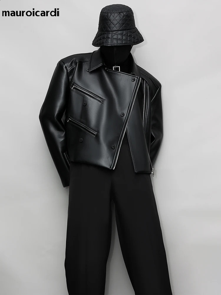 Mauroicardi Spring Autumn Oversized Cool Pu Leather Jacket Men Long Sleeve Stand Collar High Quality Clothes 240725