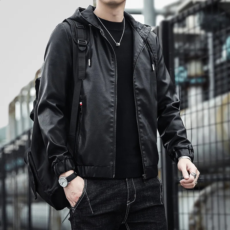 Fashion Mens Hoodie Leather Jackets Autumn Casual Clothing Jacket Biker Motorcycle Slim Leisure Coats Windproof Warm 4Xl 240725