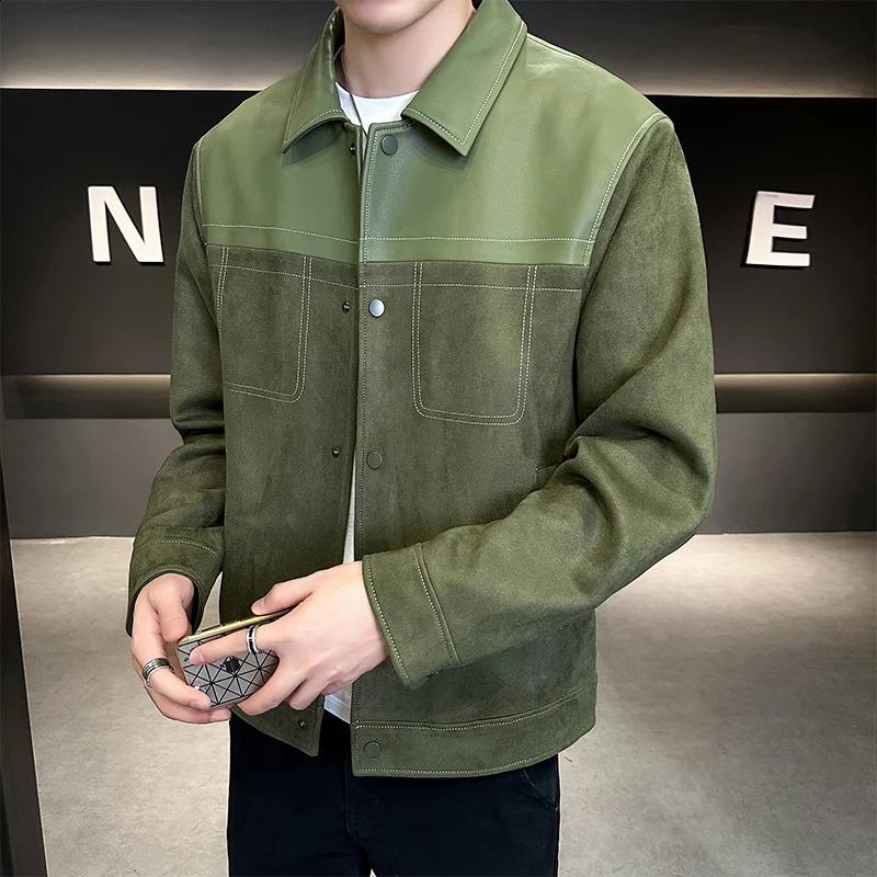 Autumn Mens Suede Jacket Korean Fashion PU Splicing Leather Jacket Casual Business Outwear Social Streetwear Windbreaker Coat 240725