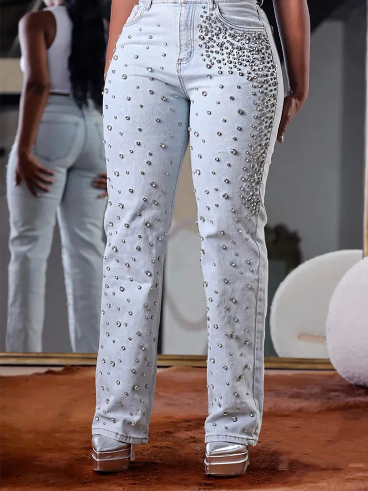 Womens Beading Jeans High Waist Slim Spring Casual Denim Pant Vintage Fashion 2024 Streetwear Straight Trousers 240725