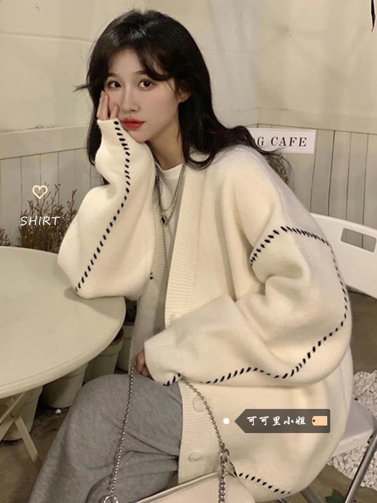 Women White Checked Cardigan Knitted Sweater 90s Aesthetic Harajuku Long Sleeve Jumper Black Sweaters Y2k Vintage 2000s Clothe 240726