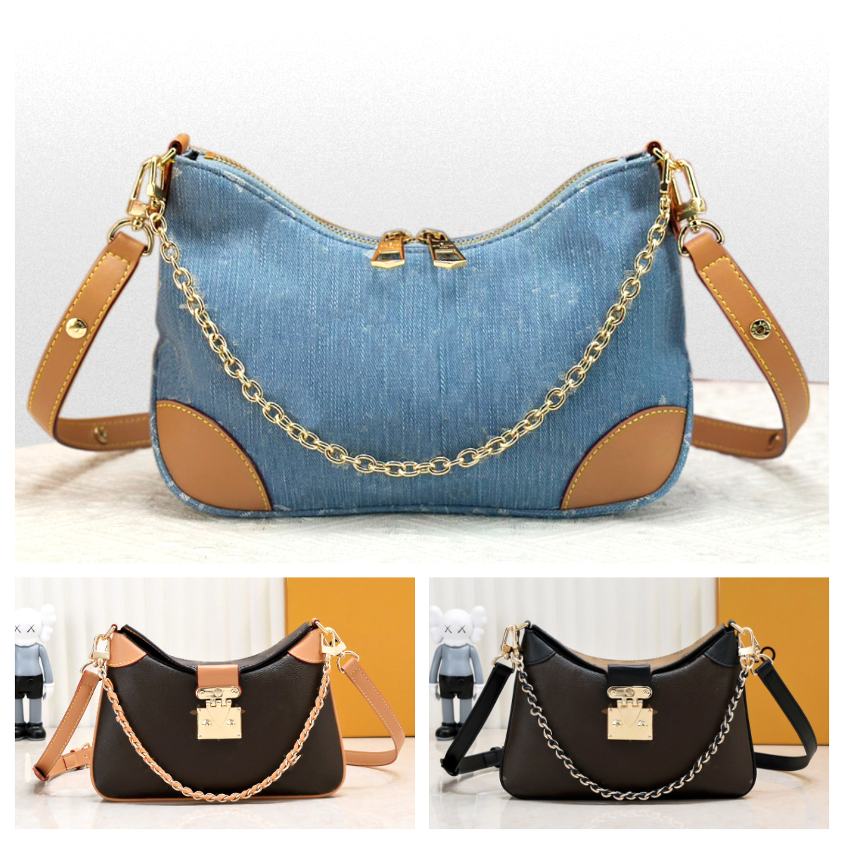 Classic Retro Women Hobo Bags Luxury Designer bag Shoulder bags Chain Underarm bags Brown flower Handbags Denim Hobo Half Moon bag Weekend Travel Cr