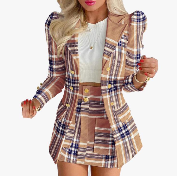Panelled Women's Plaid Print Jacket With Mini Skirt Two Piece Sets Spring Autumn Long Sleeve Button Open Blazer Coat & Short Dress Suit