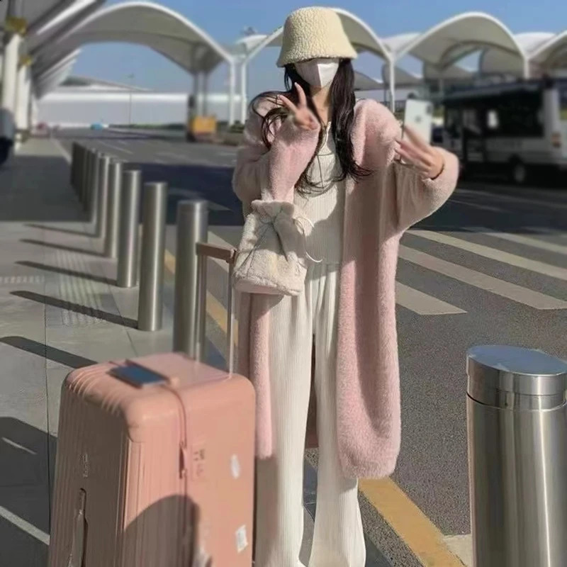 Solid Color Womens Knit Cardigan Autumn and Winter Mid Length Casual Flannel Thick OvertheKnee Coat Allmatch Fashion Sweater 240725