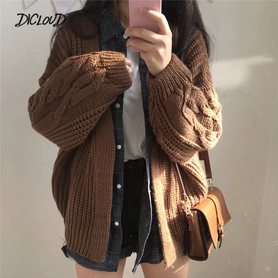 Dicloudwomens harajuku pull lâche pull en tricot cardigan collège moteur décontracté à manches longues