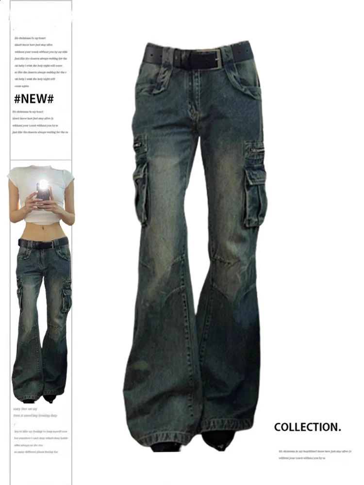 Cargo Pant Korean Fashion Big Pocket Femme Flare Pants Spring Summer 2024 Casual Mopping Denim Loose Jeans Trousers 240725