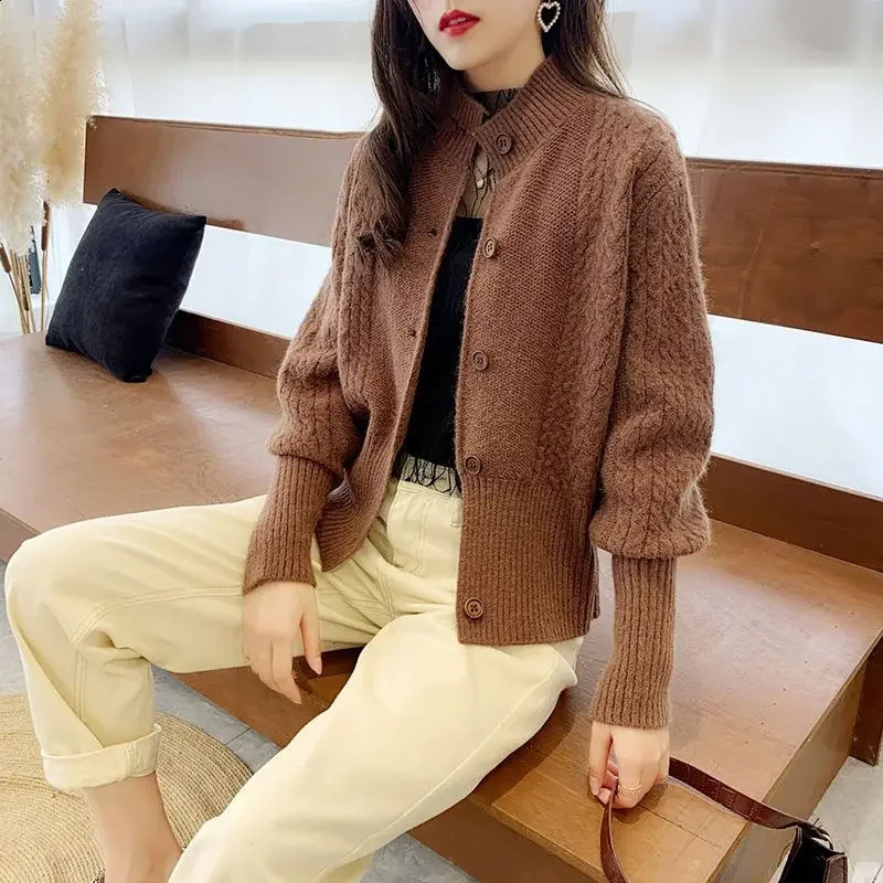 Autumn Winter Womens Cardigan Solid Long Sleeve Screw Thread Button Knitted Slim Fashion Stand Collar Sweater Coat for Female 240726