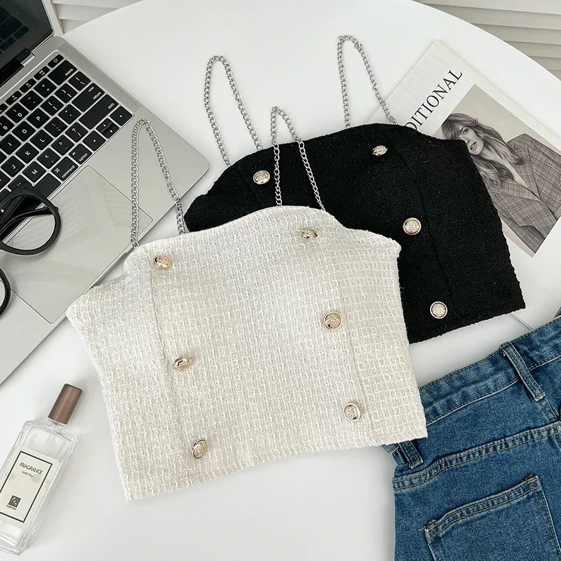 Chic Tank Top Mujer Tweed Spaghetti Strap Sleeveless Sling Vest Women Solid Color Double Breasted Button Camis Backless Dropship 240726