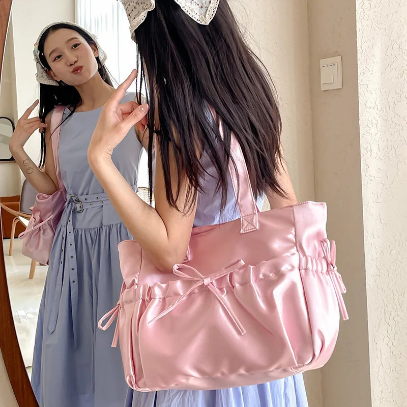 MBTI Elegant Bow Womens Shoulder Bag Nylon Pleated Korean Style Fashion Tote Bag Large Capacity Cute Pink Sweet Female Handbag 240726