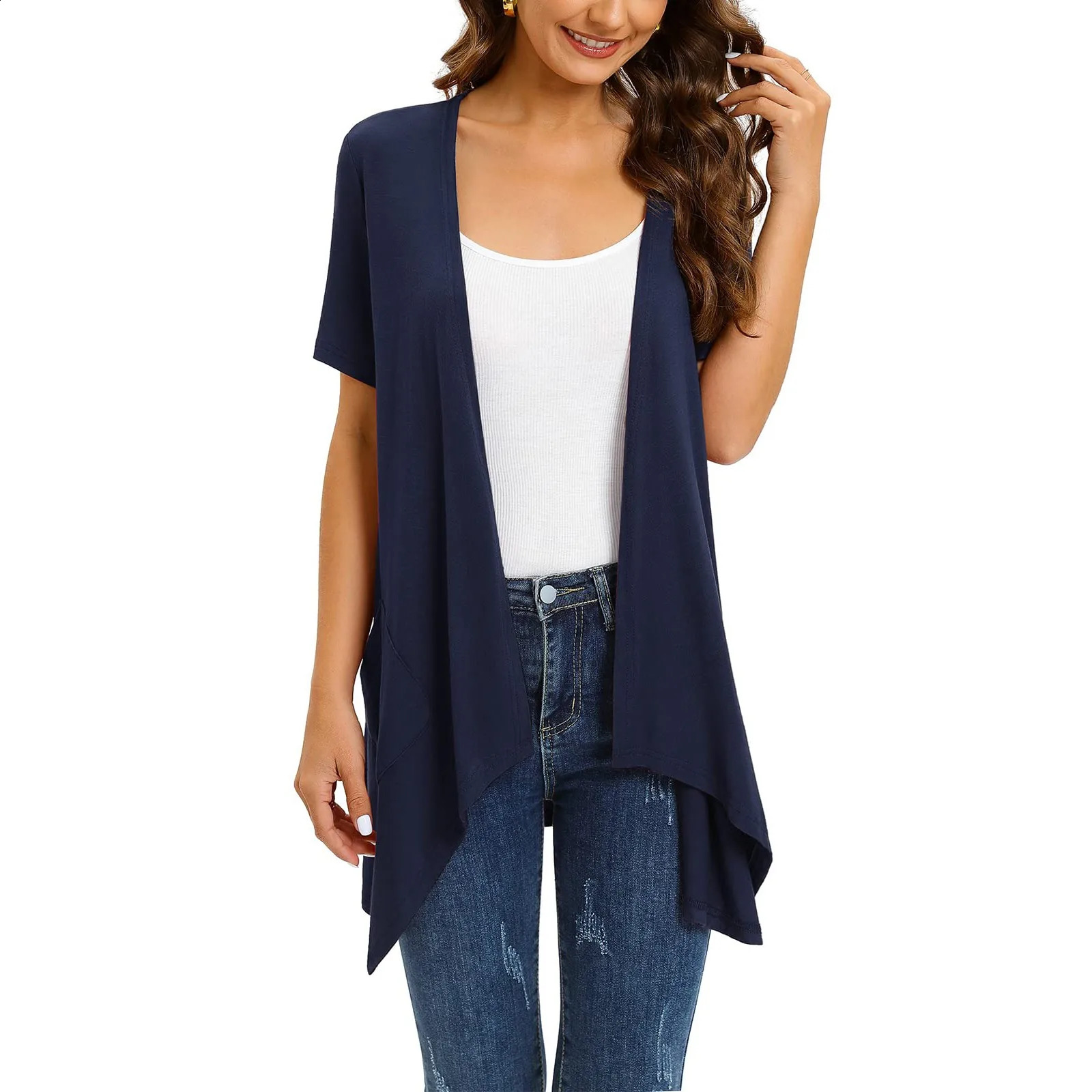 Cardigan à manches courtes pour femmes drapé de gilet avant ouvert Asymétrique HEM TOPS LADIES COST CASBOS VINTAGE Long Cardigans 240725