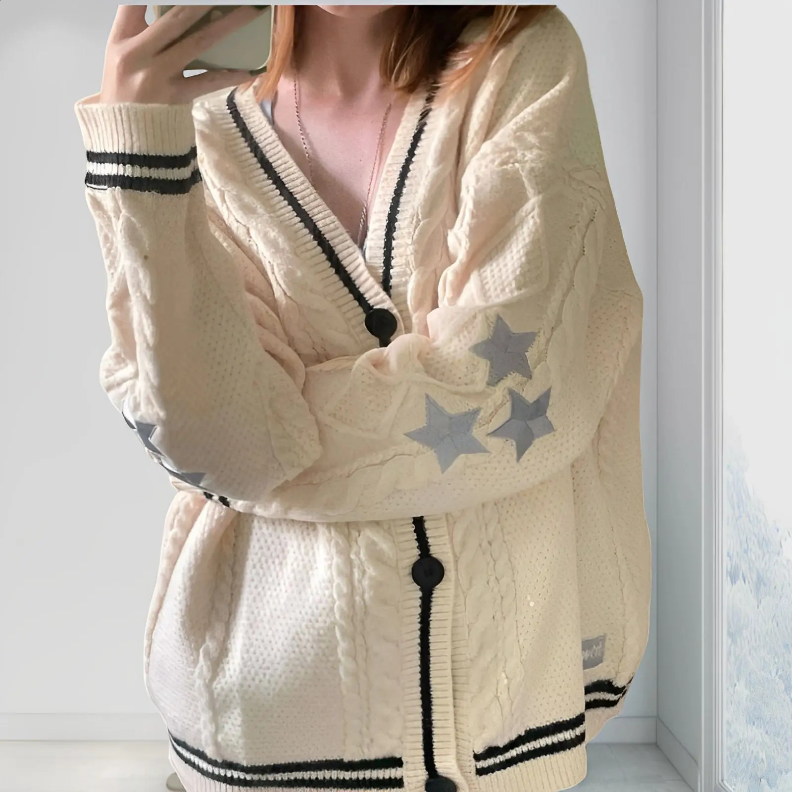 autumn and winter same star embroidered knitted cardigan European and American lazy sweater 240726