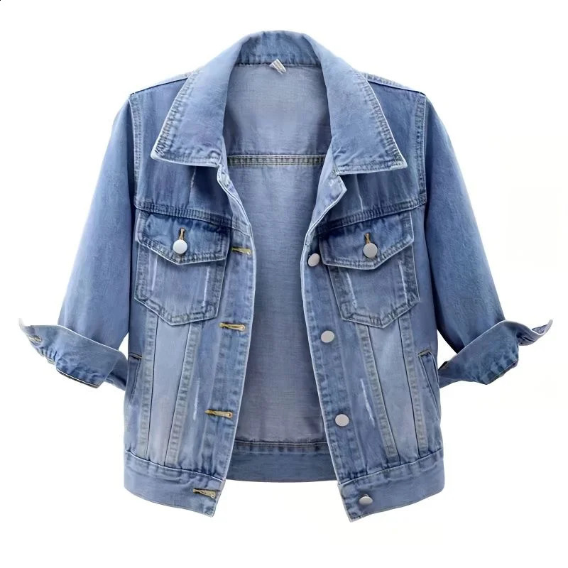 Spring Summer Half Sleeve Women Collared Distressed Coat Ladies Washed Cropped Denim Jacket Girl Ripped Jean Cardigan Shawl 240725Z