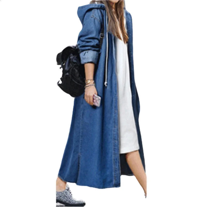 Autumn Winter Korean Long Denim Jacket Women Loose Singlebreasted Cardigan Hooded Coat Female Office Windbreaker Outerwear 2023 240725