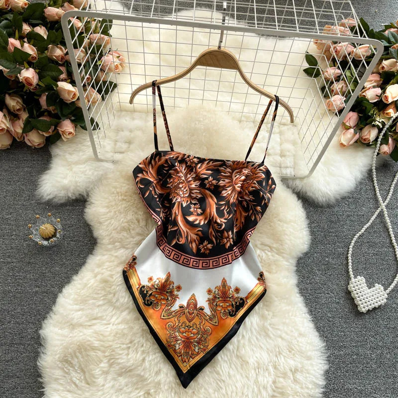 Women Sexy Backless asymmetrical lace-up Camis Print Tank Top Chic Corset Bustier Summer Beach vacation Crop Top 240726