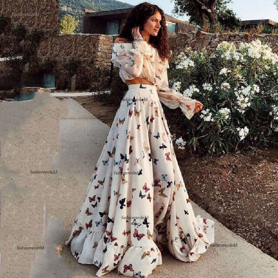 2024 internet celebrity butterfly print two-piece set Bohemian large long skirt beach dress long sleeve 2pcs 4049